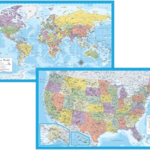 2 Pack - Laminated World Map & US Map Poster Set - Wall Chart Map of the World & United States - Made in the USA [Light Blue]