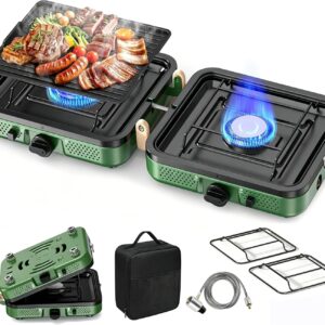 2 Burner Camping Stove, 20000 BTU Propane Camp Stove Portable Folding Gas Travel Stove Camping Essentials Gears Includes Grill,Carrying Bag, Adjustable Burners & Piezo Ignition for Tailgating,BBQ,Camp